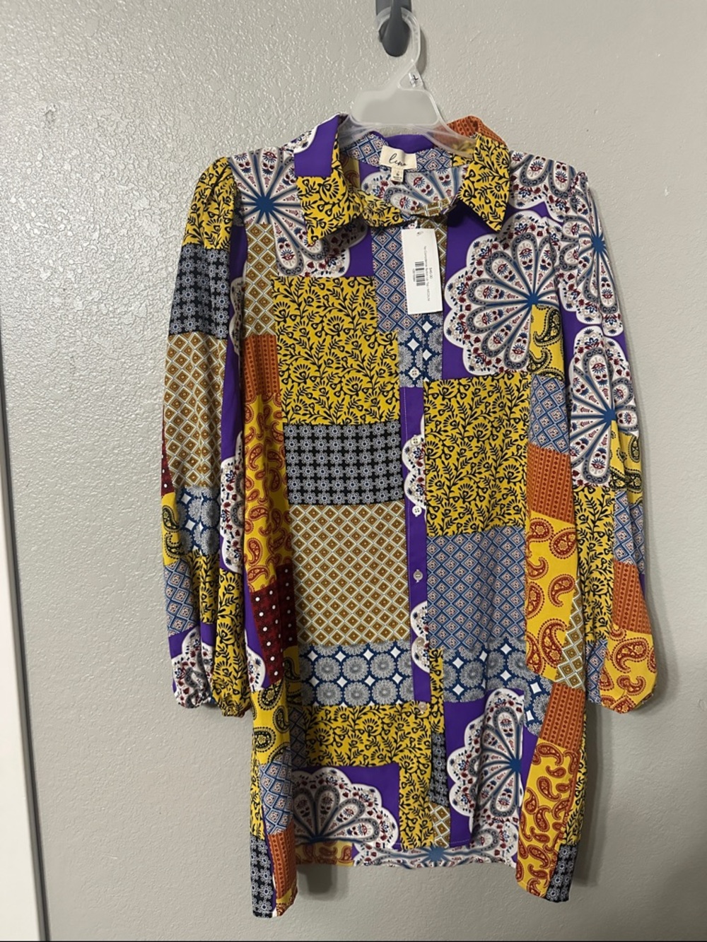 Lena Patchwork Button-Down Shirt in Yellow, Purple, Blue